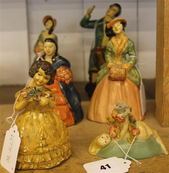 3 Wade cellulose glazed figures with rare owl mark, c.1947 and 3 similar Sylvac? figures